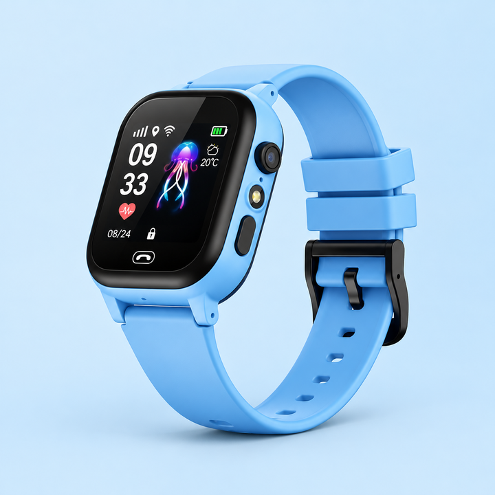 Blauwe smartwatch met zwarte schermrand en cameralens, schuin gefotografeerd op lichtblauwe achtergrond 9