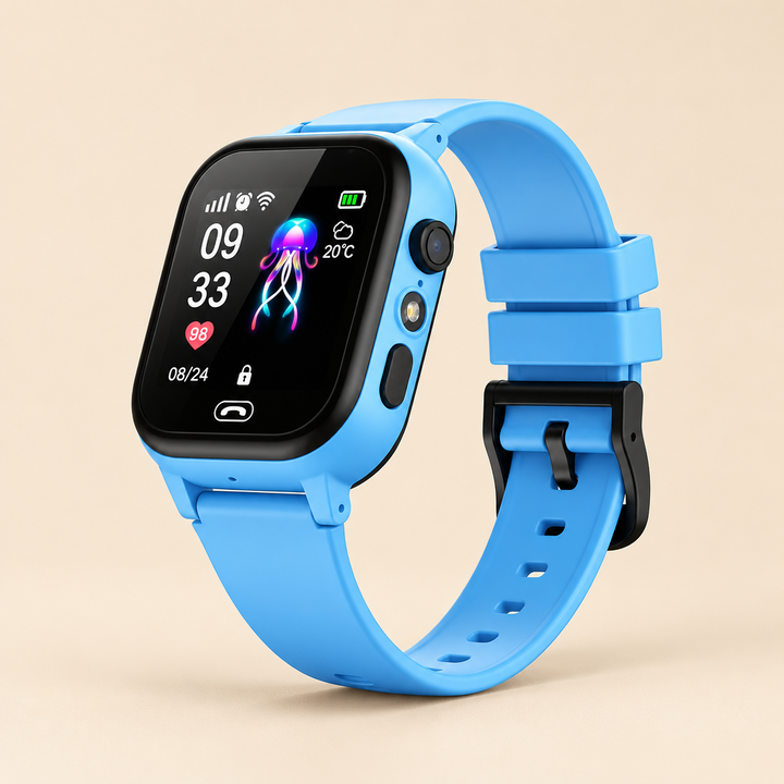 Blauwe kinder-smartwatch met zwarte rand en kwallenwijzerplaat tegen een beige studioachtergrond, schuin van voren gezien 1