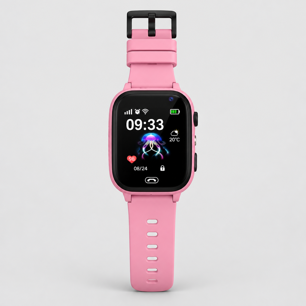 Roze smartwatch met zwarte gesp recht van voren, scherm met tijd en kwalletje 8