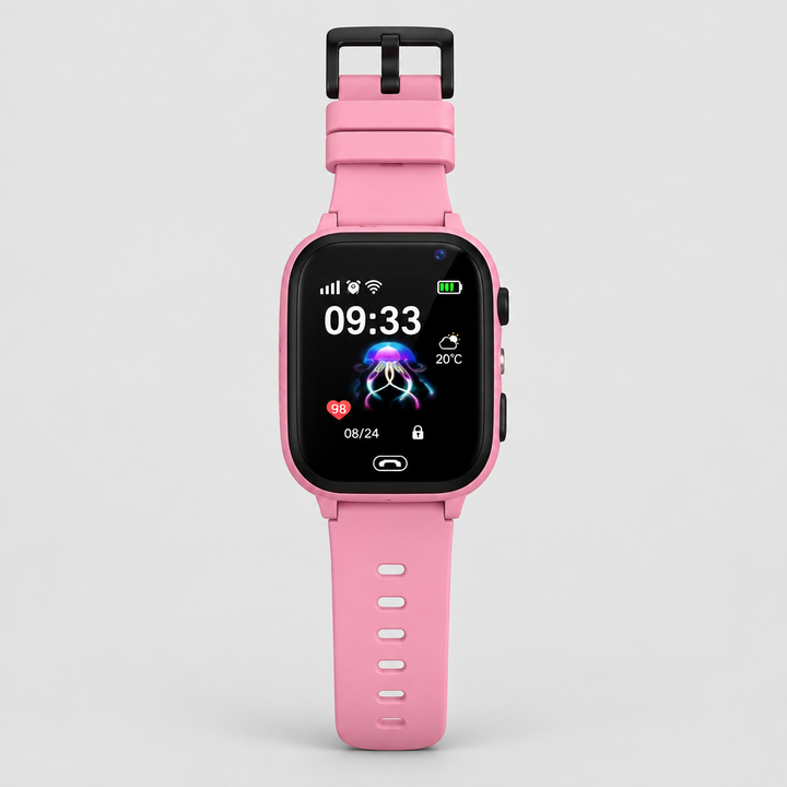 Roze smartwatch met zwarte gesp recht van voren, scherm met tijd en kwalletje 8