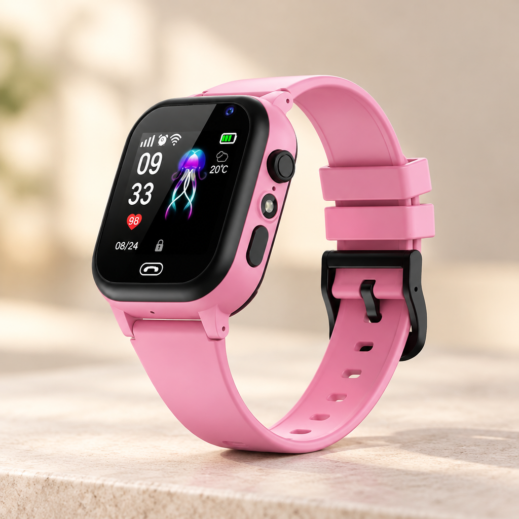 Roze kinder-smartwatch met zwarte rand en kwallenwijzerplaat op een lichte steen, met warme wazige achtergrond 9