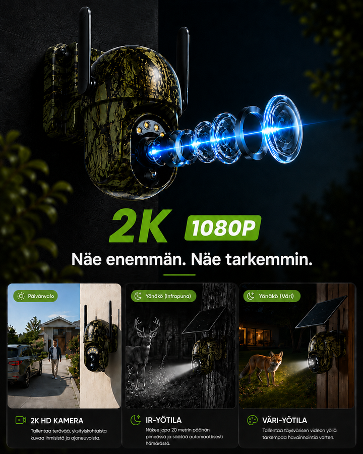 Camera met uit elkaar getrokken lenselementen als beeld voor 2K-kwaliteit, met drie voorbeelden: overdag, infraroodnacht en kleurennacht. 9