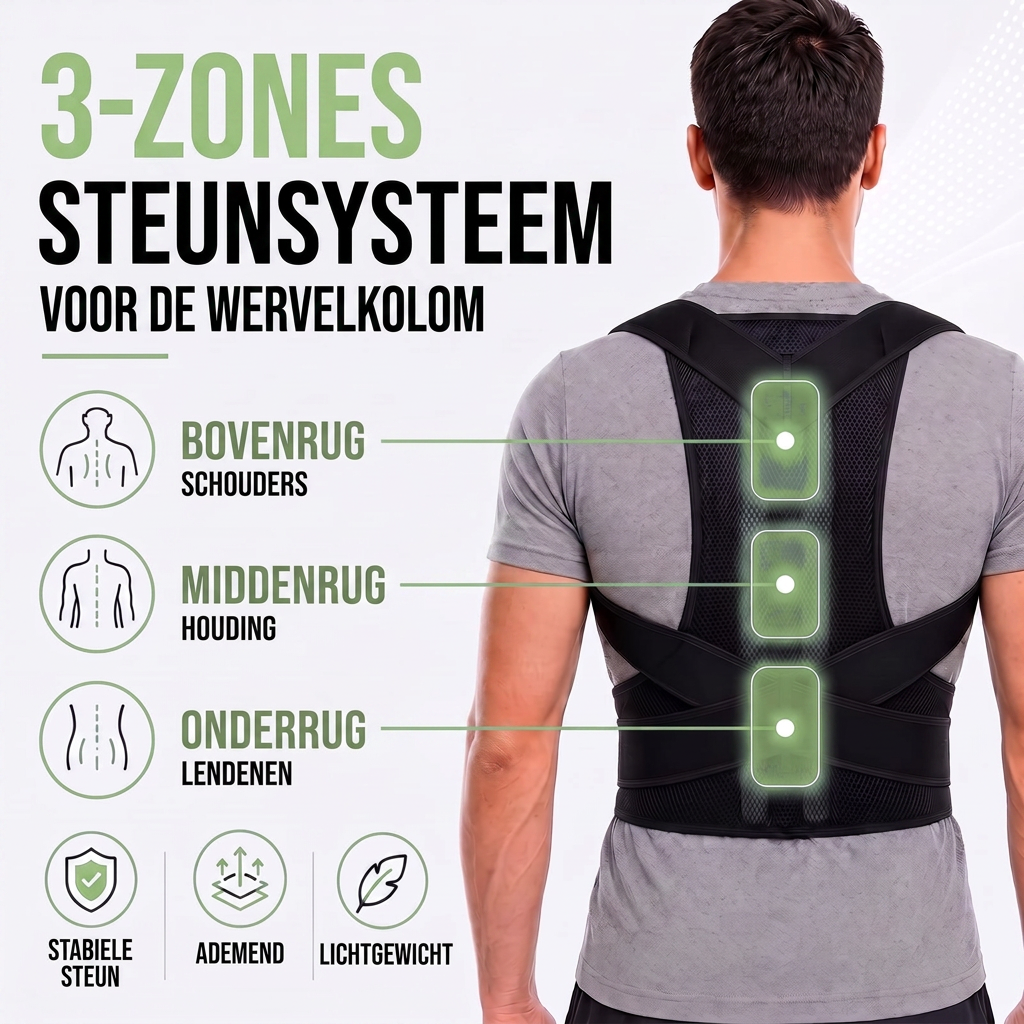 Man van achteren met zwarte brace waarop drie gemarkeerde steunzones lopen: bovenrug, middenrug en onderrug. 6