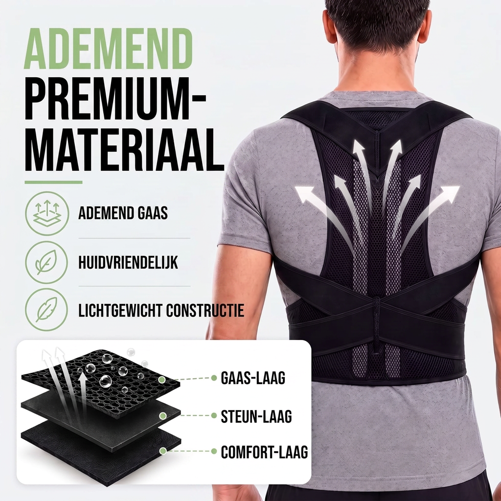 Man van achteren met zwarte brace en luchtpijlen, met een doorsnede van de drie materiaallagen: gaas, steun en comfort. 7