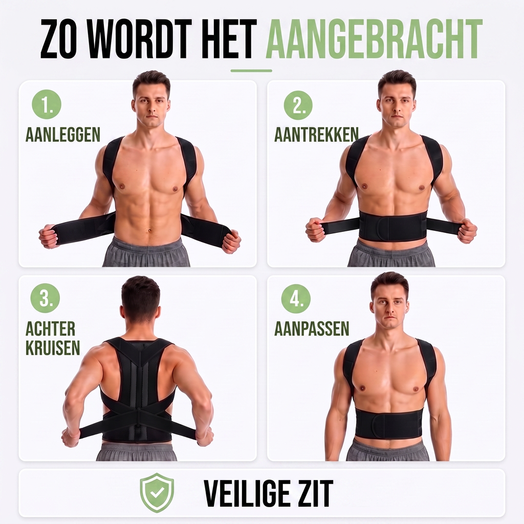 Vier stappen om de brace aan te brengen: aanleggen, aantrekken, achter kruisen en aanpassen, getoond op een man. 8