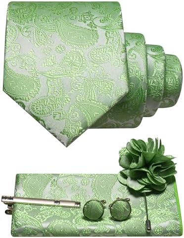 Paisleyset in lichtgroen met zilverachtige tint: opgerolde das, pochet, manchetknopen, dasspeld en bloemvormige reversspeld. 22