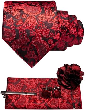Stropdasset met paisleymotief in rood op zwarte ondergrond: stropdas, pochet, manchetknopen, dasspeld en bloemvormige reversspeld. 8