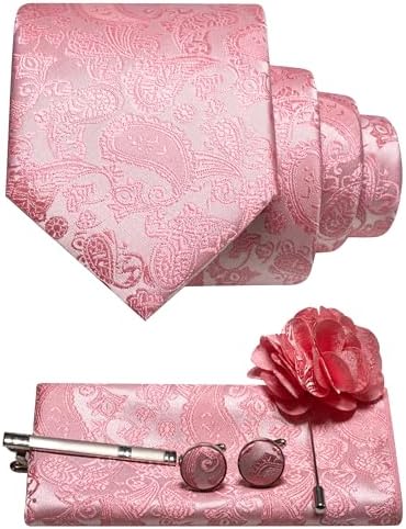 Paisleyset in zachtroze met koraaltint: das, pochet, manchetknopen, dasspeld en een bloemvormige reversspeld. 29