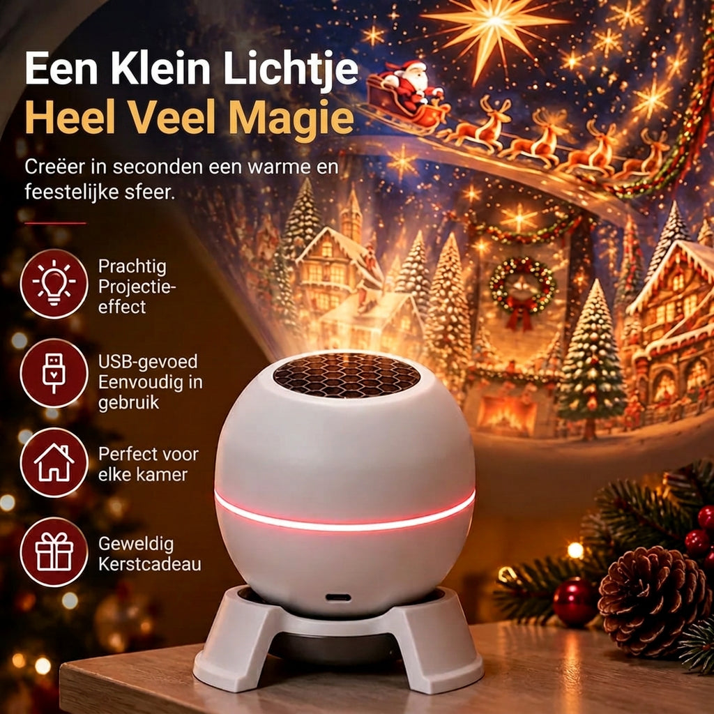 Close-up van de witte bolprojector met rode lichtring, met op de achtergrond de geprojecteerde kerstscène 4