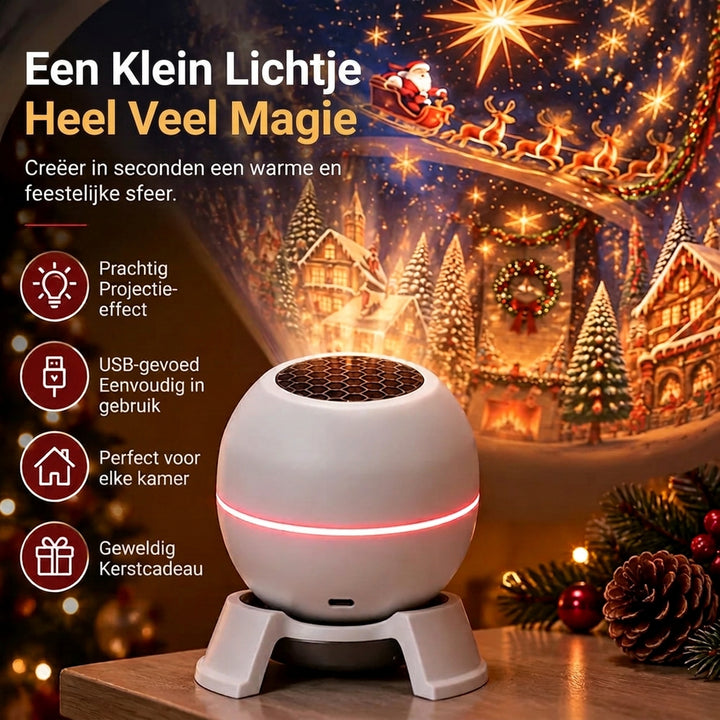 Close-up van de witte bolprojector met rode lichtring, met op de achtergrond de geprojecteerde kerstscène 4