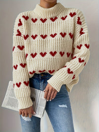Knitted Women's Sweater with Heart Pattern and High Neck – Nola