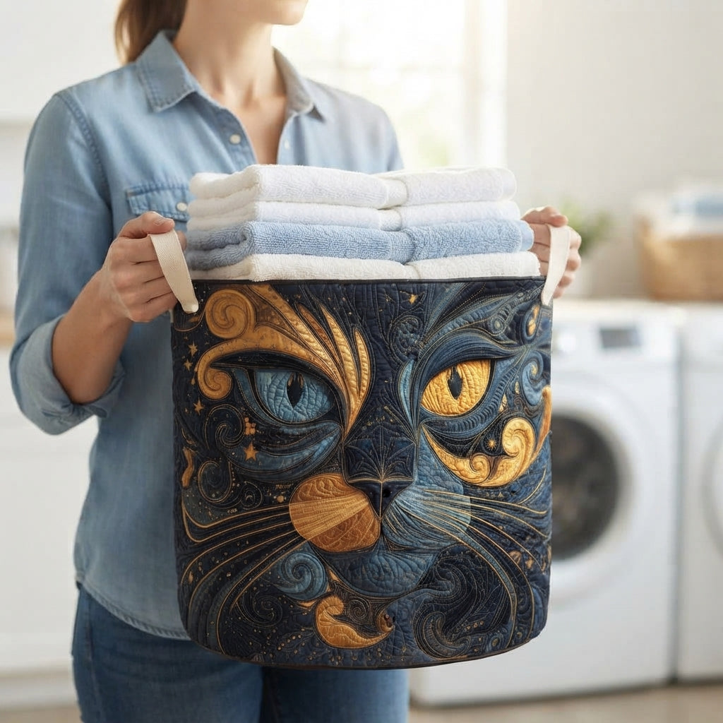 Vrouw in spijkerblouse draagt de kattenmand aan de handgrepen, gevuld met opgevouwen handdoeken, in een wasruimte. 3
