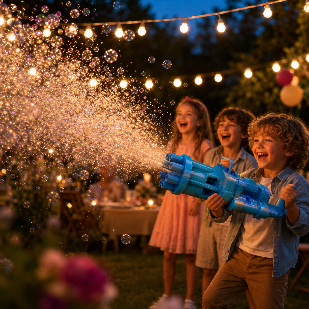 LED bellenblaaspistool op een tuinfeest in de schemering