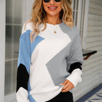 Sweter damski patchwork z okrągłym dekoltem – Clara