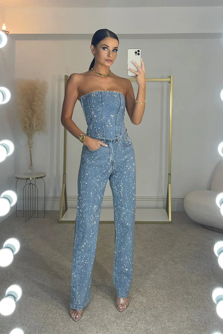 Sparkling Women's Pants Set with High-Waist Jeans – Liora