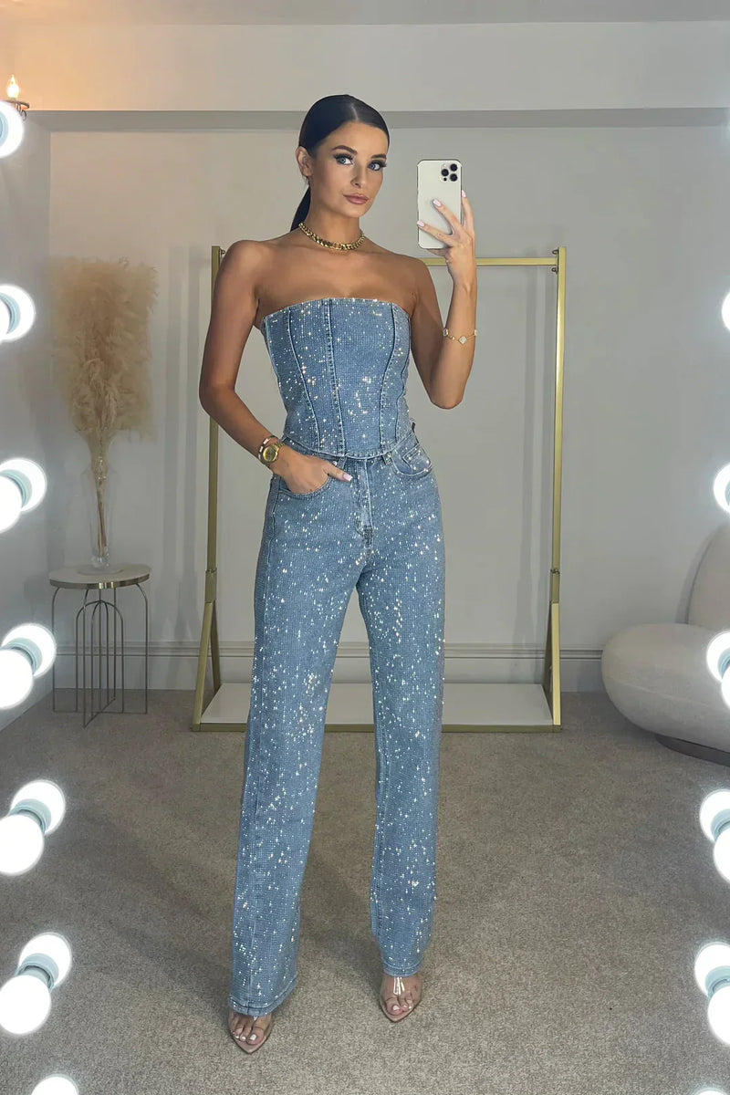 Sparkling Women's Pants Set with High-Waist Jeans – Liora
