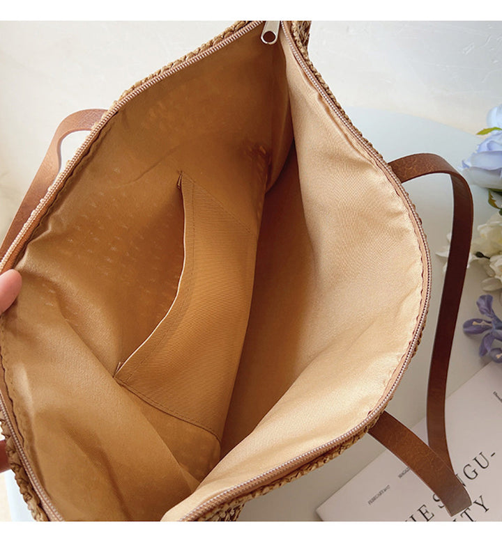Riet Geweven Tas met Leren Banden -  SummerBreeze Tote