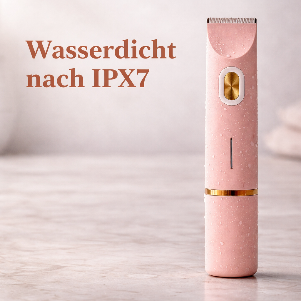 Roze trimmer rechtopstaand op een marmeren ondergrond, bedekt met waterdruppels om de waterbestendigheid te tonen. 11