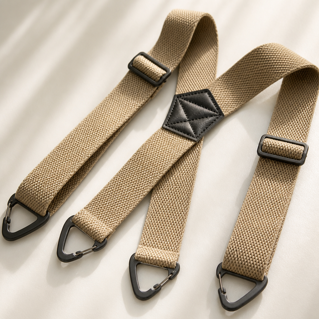 Beige X-bretels plat neergelegd met zwarte schuifgespen, zwart kunstlederen kruisstuk en zwarte driehoekige metalen clips. 5