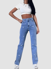 Women's Stretch Jeans with Wide Legs and Heart Print - Amelie
