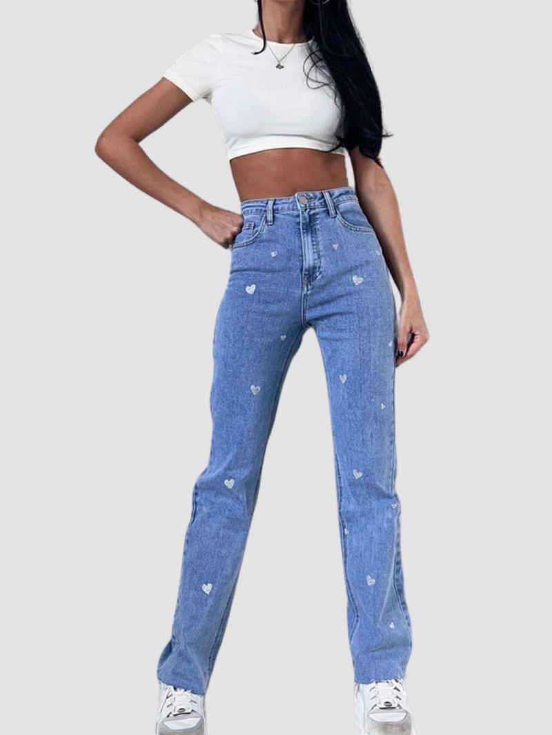 Women's Stretch Jeans with Wide Legs and Heart Print - Amelie