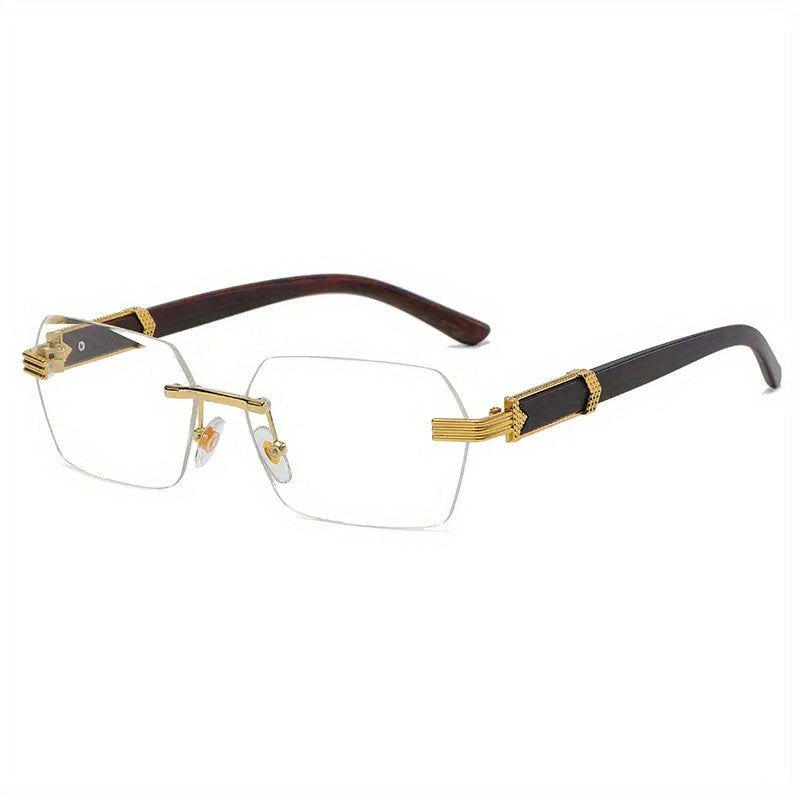 Rimless Sunglasses with Rectangular Lenses and Faux Wood Temples – Verro