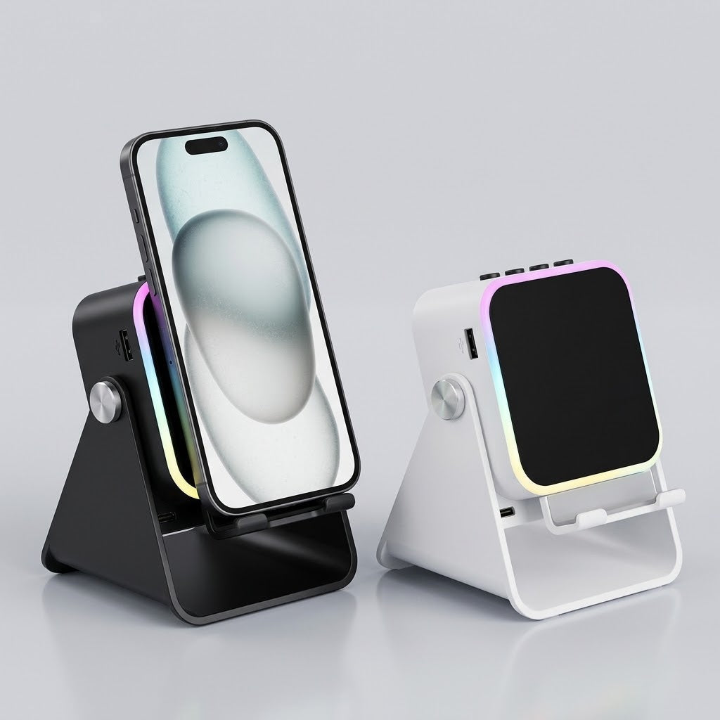 Twee standaards naast elkaar, een zwarte met telefoon en een witte vanaf de achterkant 3