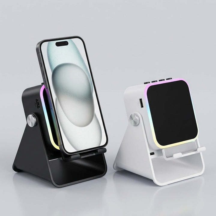 Twee standaards naast elkaar, een zwarte met telefoon en een witte vanaf de achterkant 3