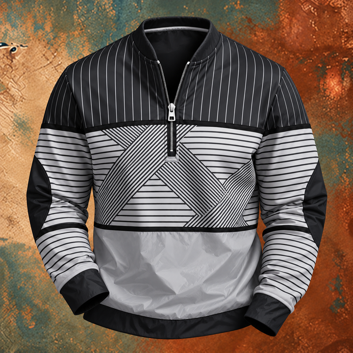 Dezelfde gestreepte pullover met halve rits in een zwart-witte uitvoering, vooraanzicht tegen een roestkleurige achtergrond. 3