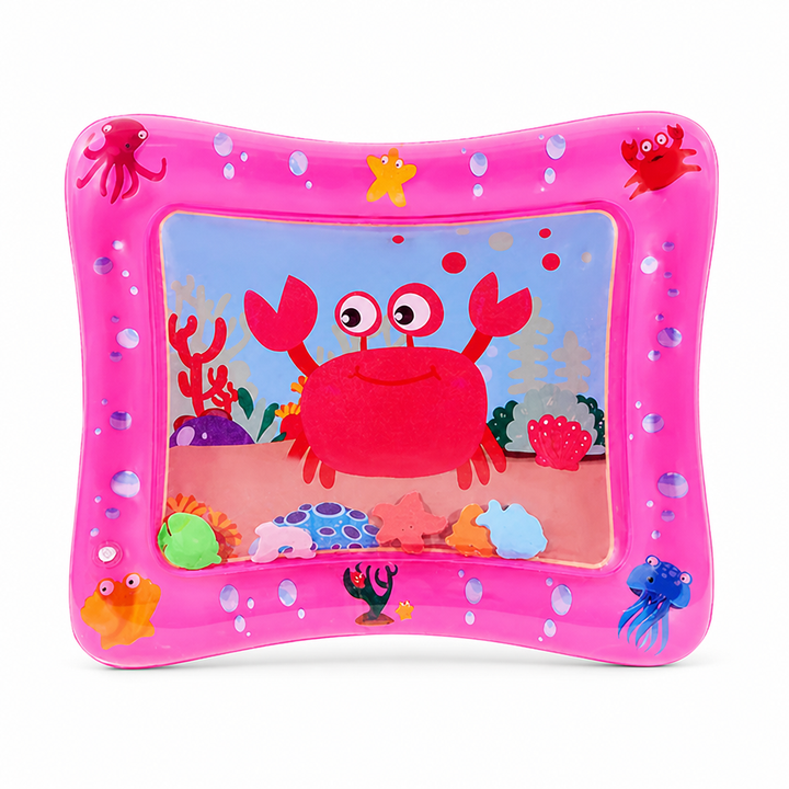 Roze rechthoekige watermat met een grote lachende rode krab in het midden en kleine zeedieren in de rand, met gekleurde drijvers onderin. 9