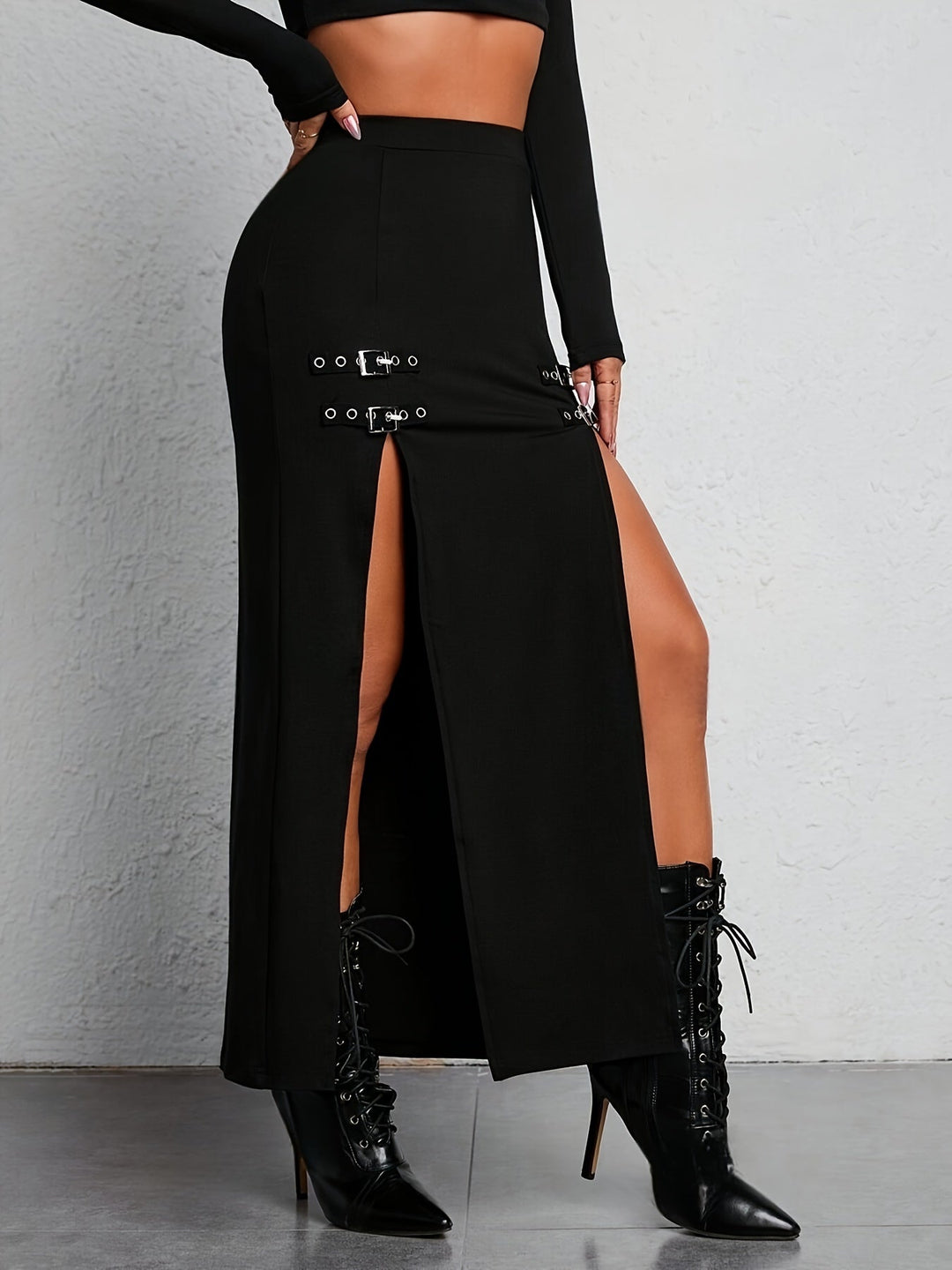 Zwarte Hoge Taille Split Rok - Sophie