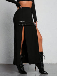 Zwarte Hoge Taille Split Rok - Sophie
