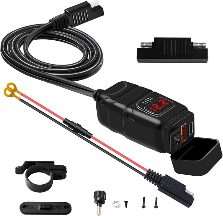Cargador rápido USB y Type-C para motocicleta con voltímetro – Drayvik