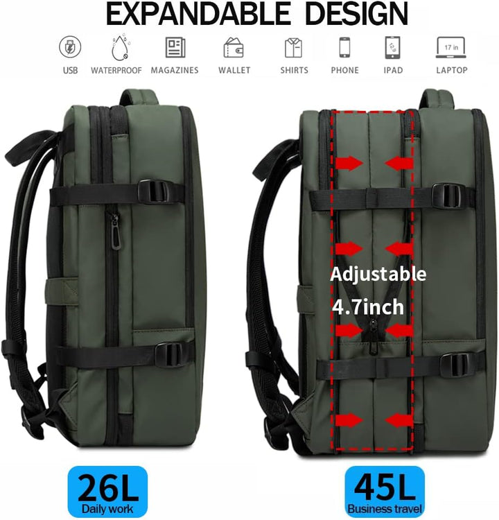Uitbreidbare 26–45L Waterdichte Reisrugzak met Laptopvak & Zijhandvat