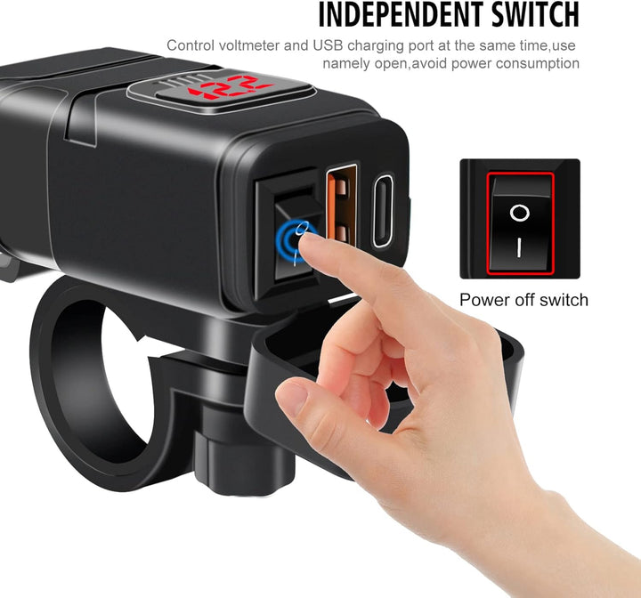 Cargador rápido USB y Type-C para motocicleta con voltímetro – Drayvik