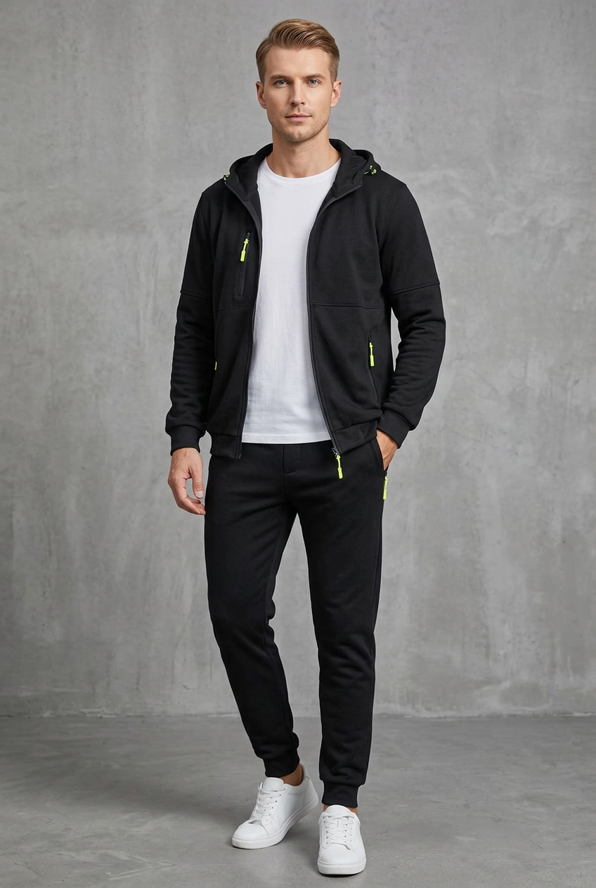 Man draagt de zwarte set met neongele ritstrekkers, vest open over wit shirt 8