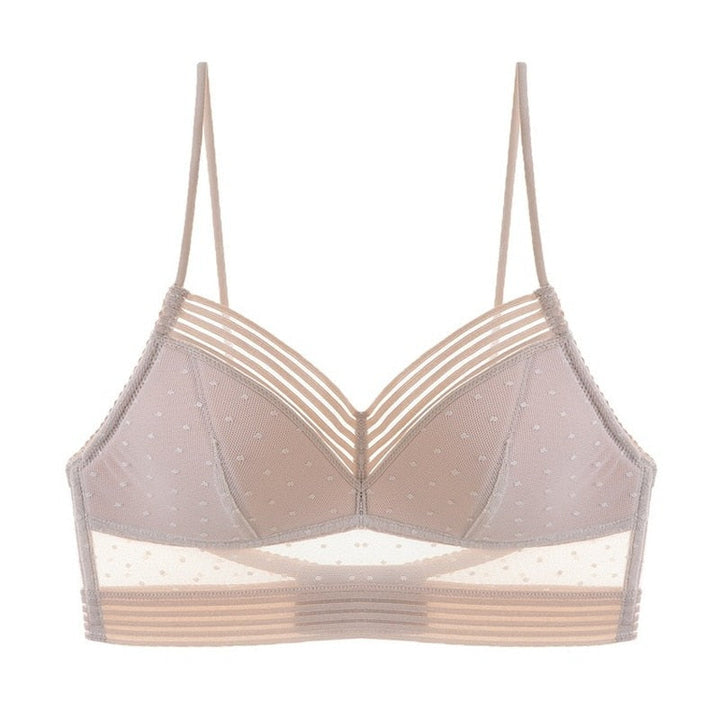 Tweede productfoto van de losse taupe-roze bralette van voren, met gestippeld mesh en gestreepte onderrand. 11