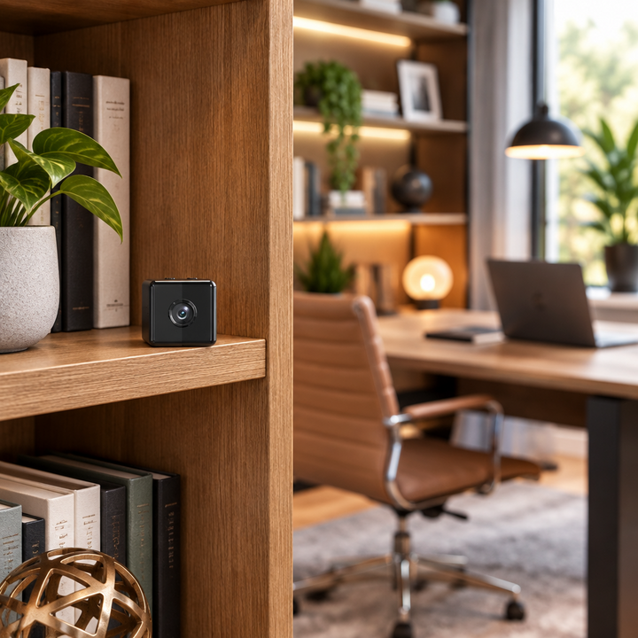 Kleine zwarte cameracube op een houten boekenplank, met een thuiskantoor met bureau en stoel erachter 1