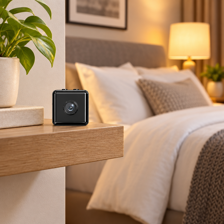Zwart vierkant cameraatje op een houten plank in een gezellige slaapkamer naast een plant 1