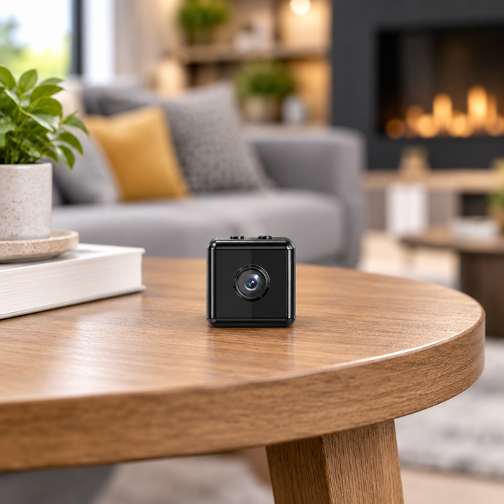 Kleine zwarte kubusvormige camera op een houten salontafel in een gezellige woonkamer met open haard 1