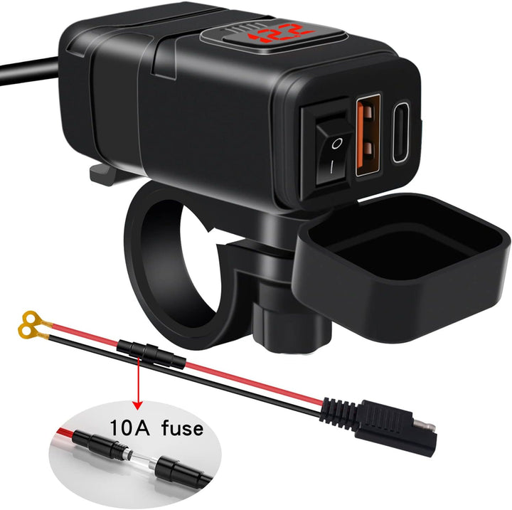 Cargador rápido USB y Type-C para motocicleta con voltímetro – Drayvik