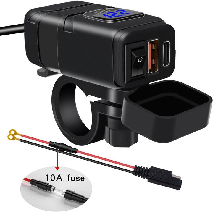 Cargador rápido USB y Type-C para motocicleta con voltímetro – Drayvik