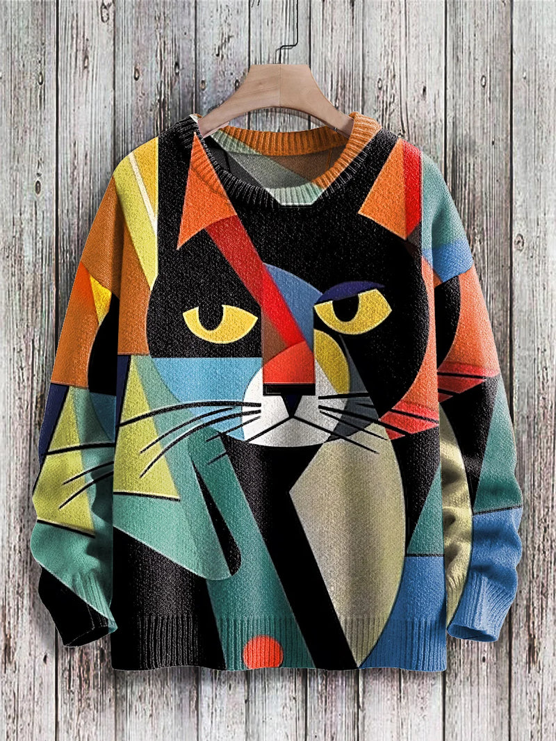 Cheerful Cat Print Sweater for Women - Cleo