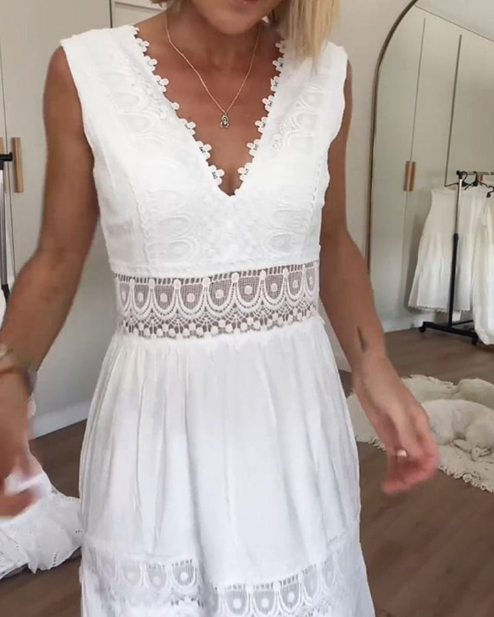 Witte Kanten Midi Jurk met V-hals - Celina
