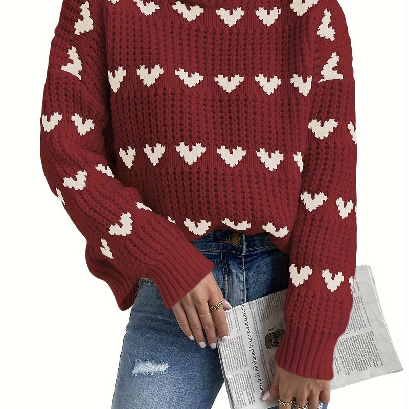 Knitted Women's Sweater with Heart Pattern and High Neck – Nola