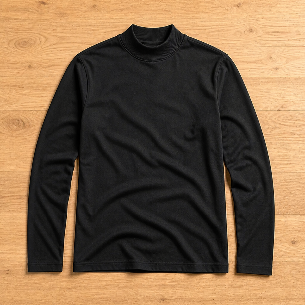 Zwart shirt met lange mouwen en hoge kraag, plat voorstaand neergelegd op een lichte houten vloer. 7