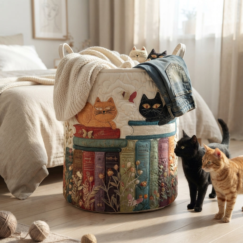 Mand naast een bed met een gebreid kleed en spijkerbroek erin, terwijl een zwarte en een rode kat ernaast staan. 5