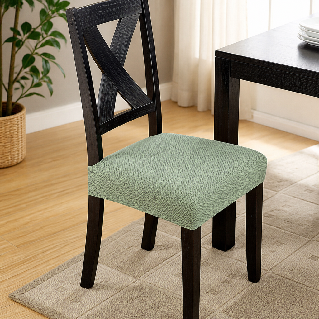 Zwarte houten stoel met kruisrug en een groene jacquard zitovertrek, naast een donkere tafel op een vloerkleed. 7