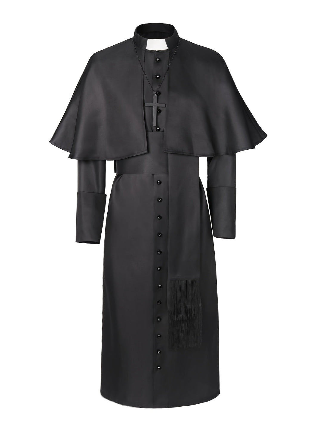 Voorkant van het zwarte priestergewaad met lange knoopsluiting, cape, witte boord, kruis en sjerp met franje 3