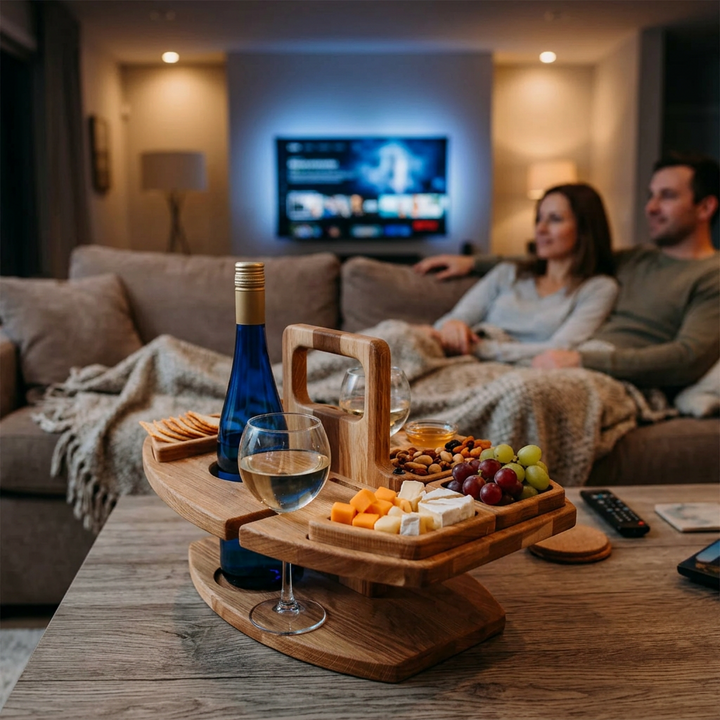Houten borreltafel met wijn, kaas en druiven op een salontafel voor een stel op de bank 1